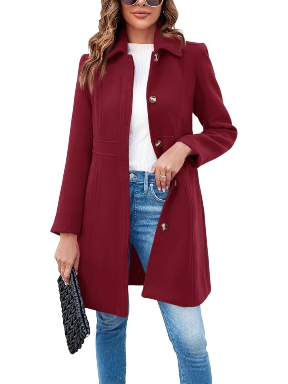 Women's Wine Red Elegant Single Breasted Long Sleeve Winter Office Pea Coat
